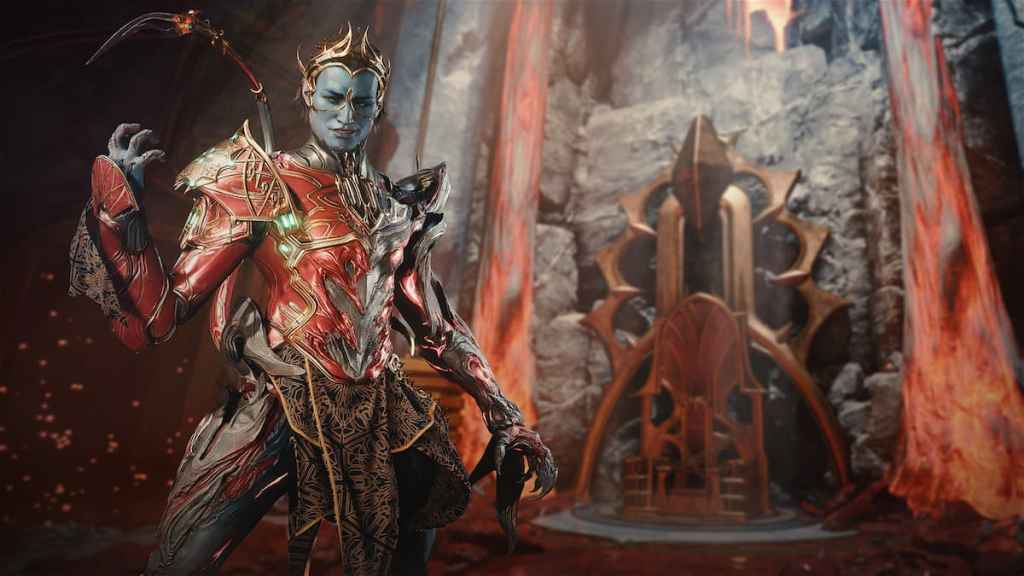 Roathe, a blue Orokin and Uriel's Protoframe, stands in front of a throne in what looks like hell.