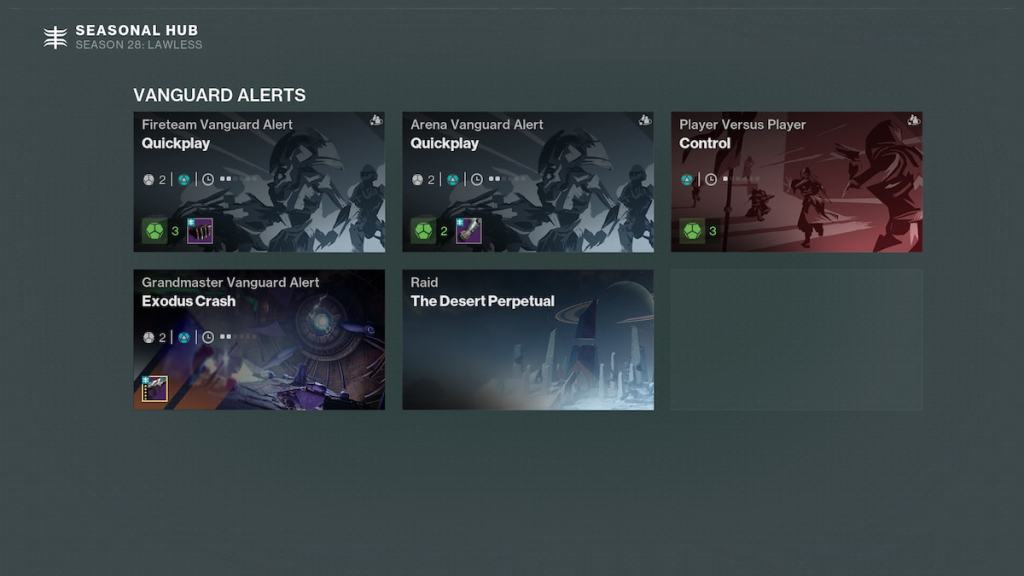The Vanguard Alerts screen in Destiny 2, showing five different activities and a blank slate