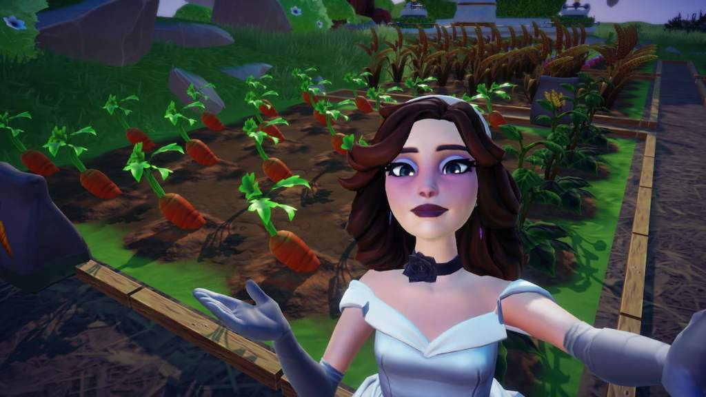 Taking picture with field of carrots in disney dreamlight valley