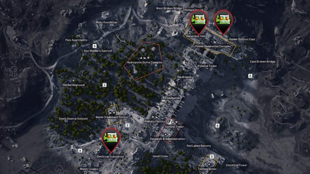 Partial 3D render of the Dam Battlegrounds map in ARC Raiders with several locations marked with pins bearing Destructoid's image. 