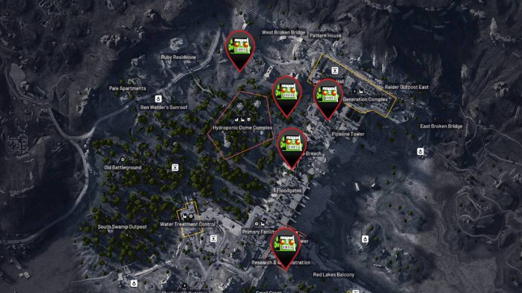 Locations of Sentinel Firing Cores on Dam Battlegrounds in ARC Raiders. 