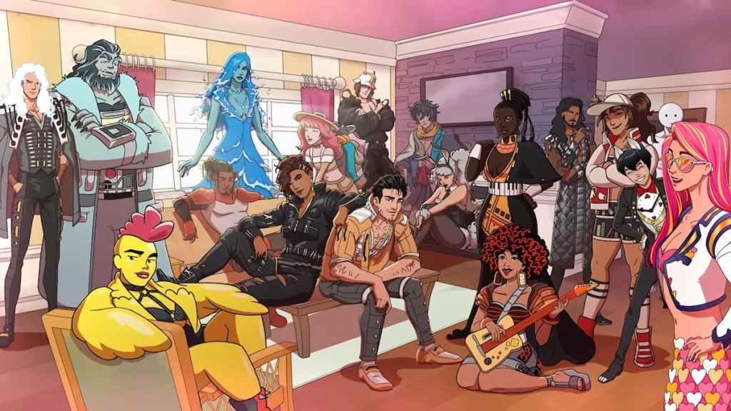 A bunch of characters gathered together in a living room in date everything