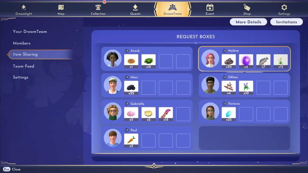 DreamTeam request box feature in disney dreamlight valley