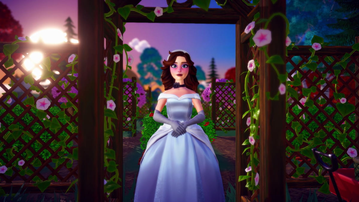 Standing under arch in fruit orchard in disney dreamlight valley