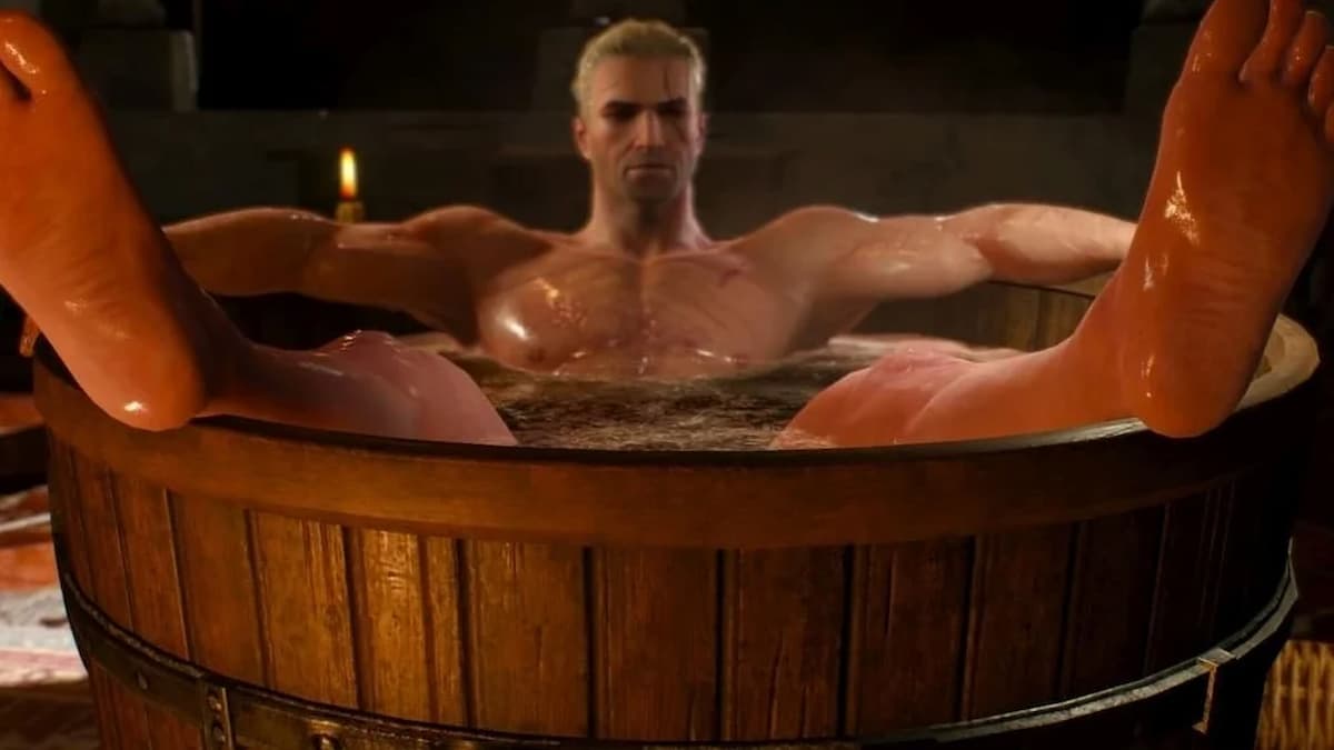 Geralt of Rivia in a bathtub in The Witcher 3.