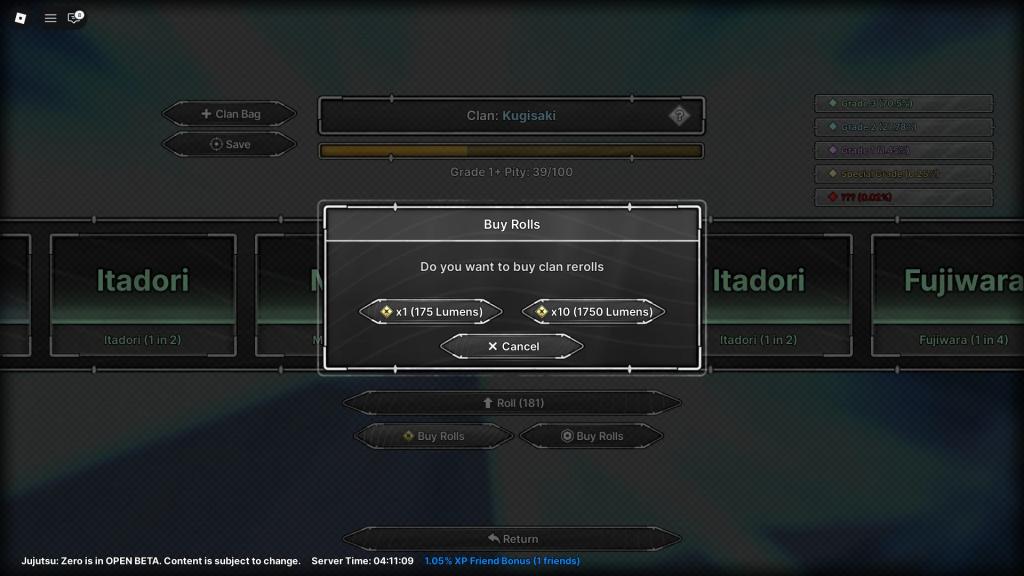 A player buying clan rerolls using Lumen in Jujutsu Zero Roblox experience.