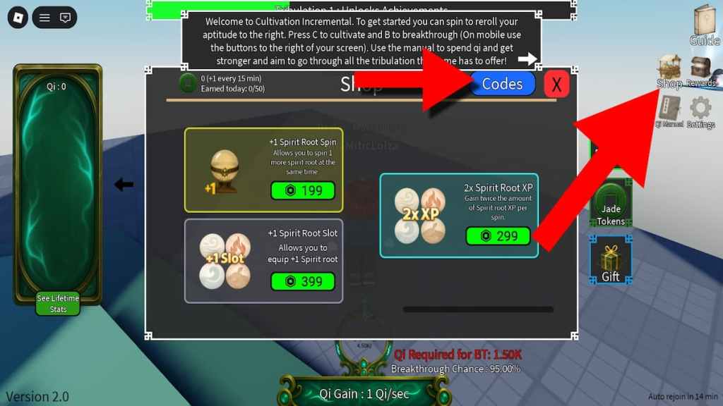 How to redeem codes in Cultivation Incremental.