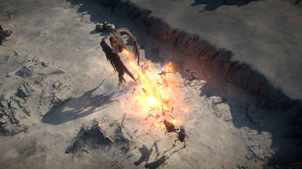 The Druid transformed into a Wyvern breathing fire on a bunch of skeletons in Path of Exile 2. 