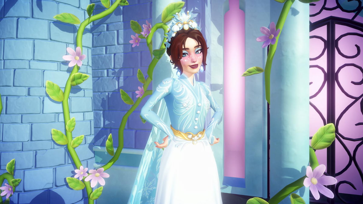 Player posing with hands on hips in front of blue castle in disney dreamlight valley