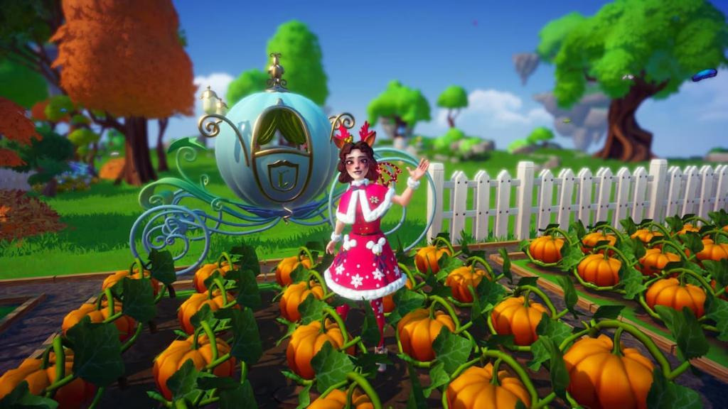 Standing by a pumpkin coach and a field of pumpkins in disney dreamlight valley