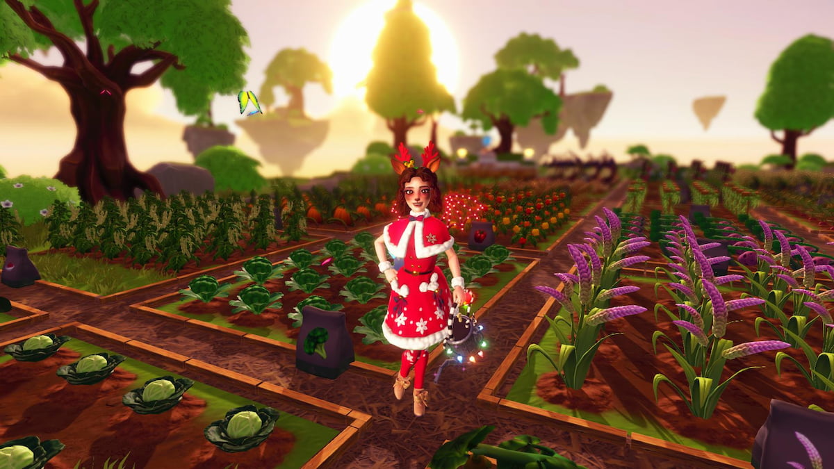 Holding a watering can and standing in a massive crop field in disney dreamlight valley
