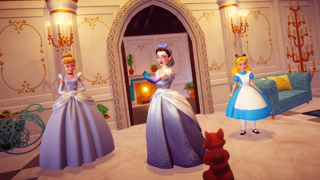 Standing inside castle with Cinderella, Alice, and a Raccoon thief in disney dreamlight valley