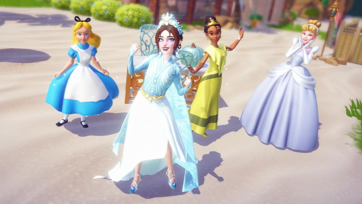 Having a tea party with Alice, Tiana, and Cinderella in disney dreamlight valley