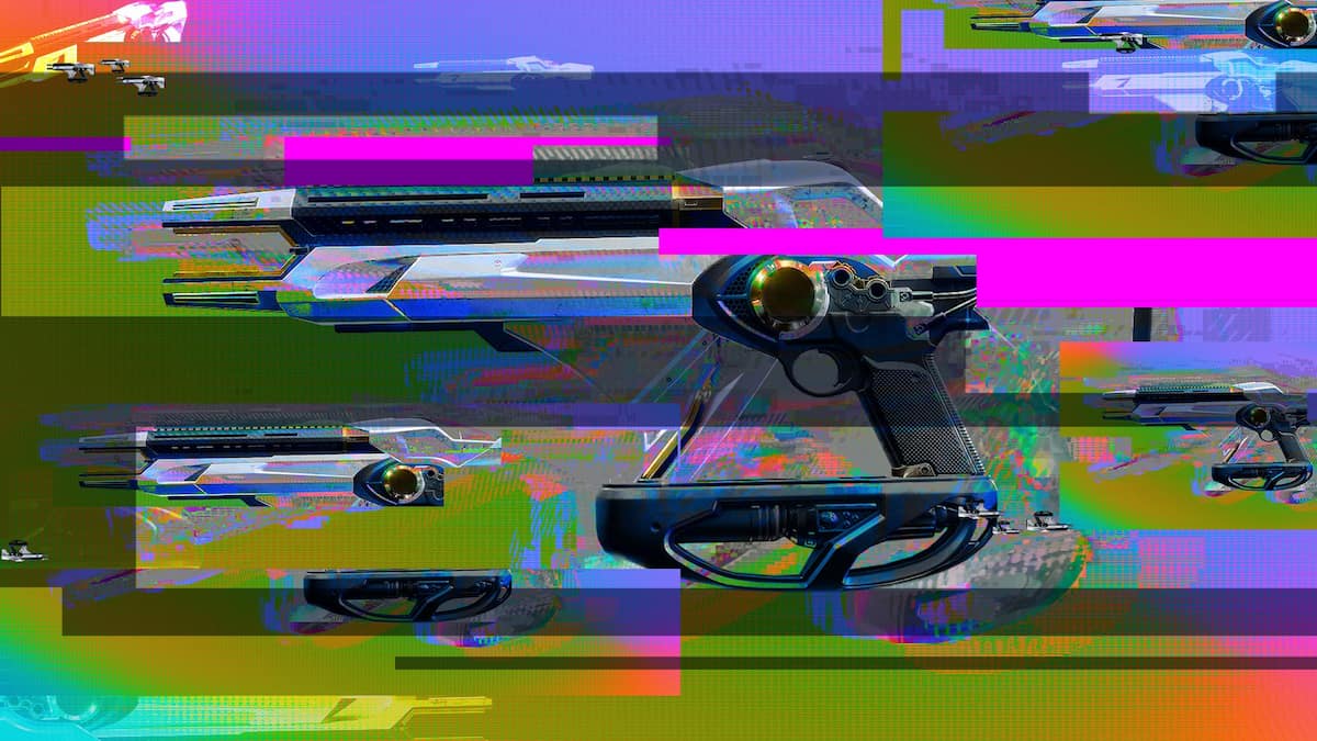 A deliberately glitched screen with yellow and pink bars, showing Telesto in the background.