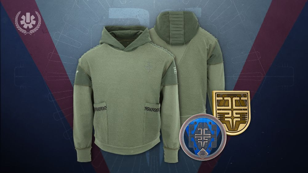 Destiny 2's Equilibrium dungeon world first race hoodie and pin