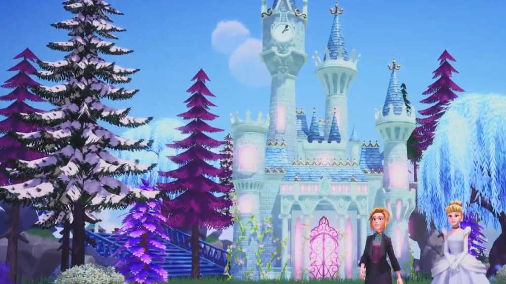 Player and cinderella walking in front of castle in disney dreamlight valley