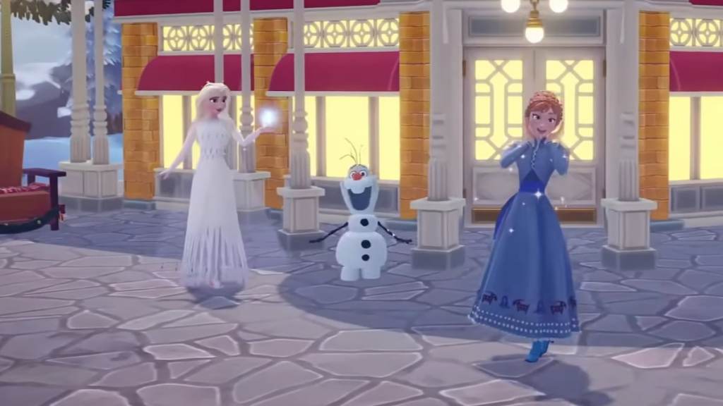 Anna wearing winter warmth dream style standing with olaf and elsa in disney dreamlight valley