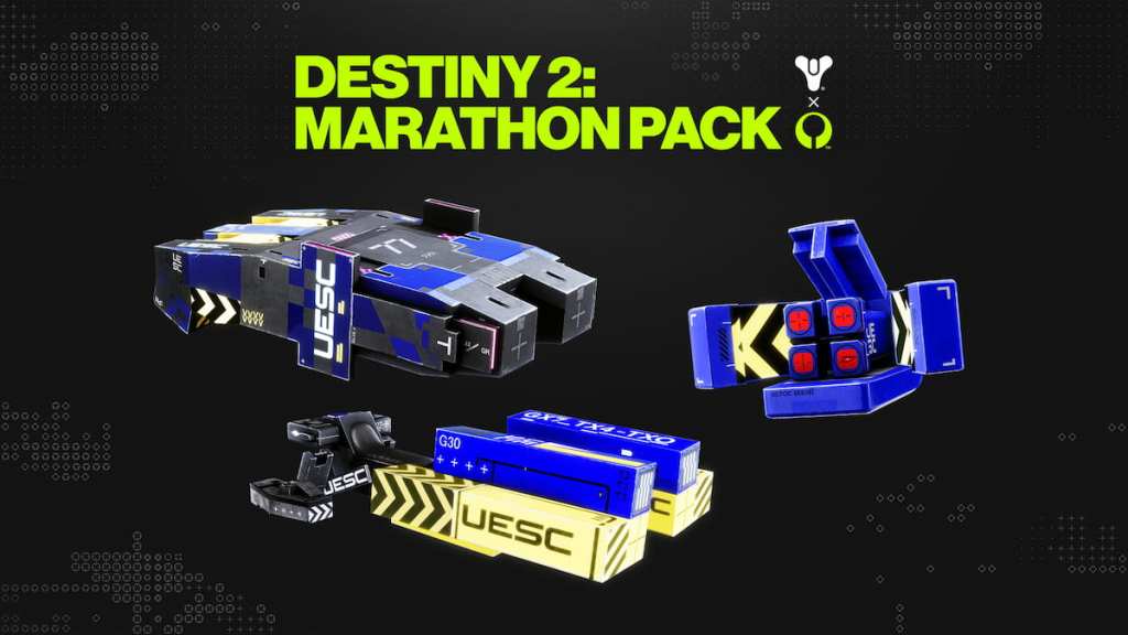 The Destiny 2: Marathon Pack cosmetics, which include the UESC Echo-type Shell Exotic Ghost, UESC Rover Exotic Ship, and UESC Sprinter Exotic Sparrow.