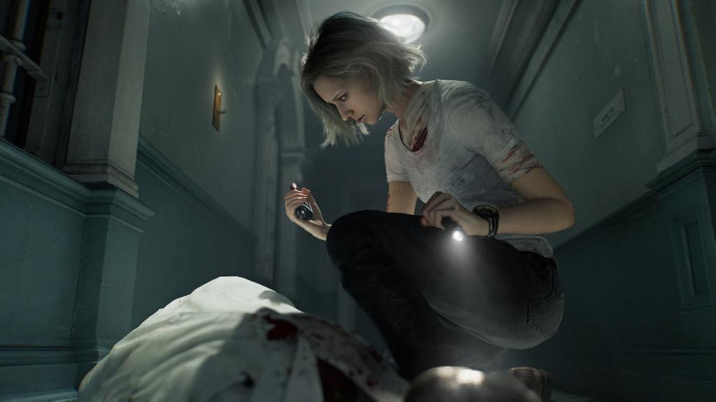 Grace Ashcroft kneeling over a body in Resident Evil Requiem