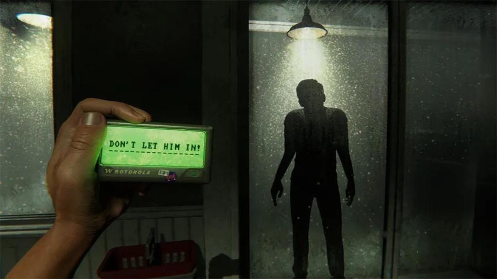 A promo shot of a customer standing outside with the objective Don't Let Him In on protag's pager