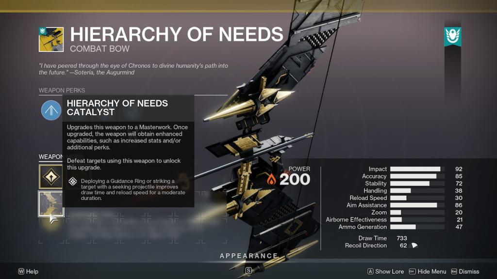 The Hierarchy of Needs catalyst appears in Collections in Destiny 2. Its effect: "Deploying a Guidance Ring or striking a target with a seeking projectile improves draw time and reload speed for a moderate duration."