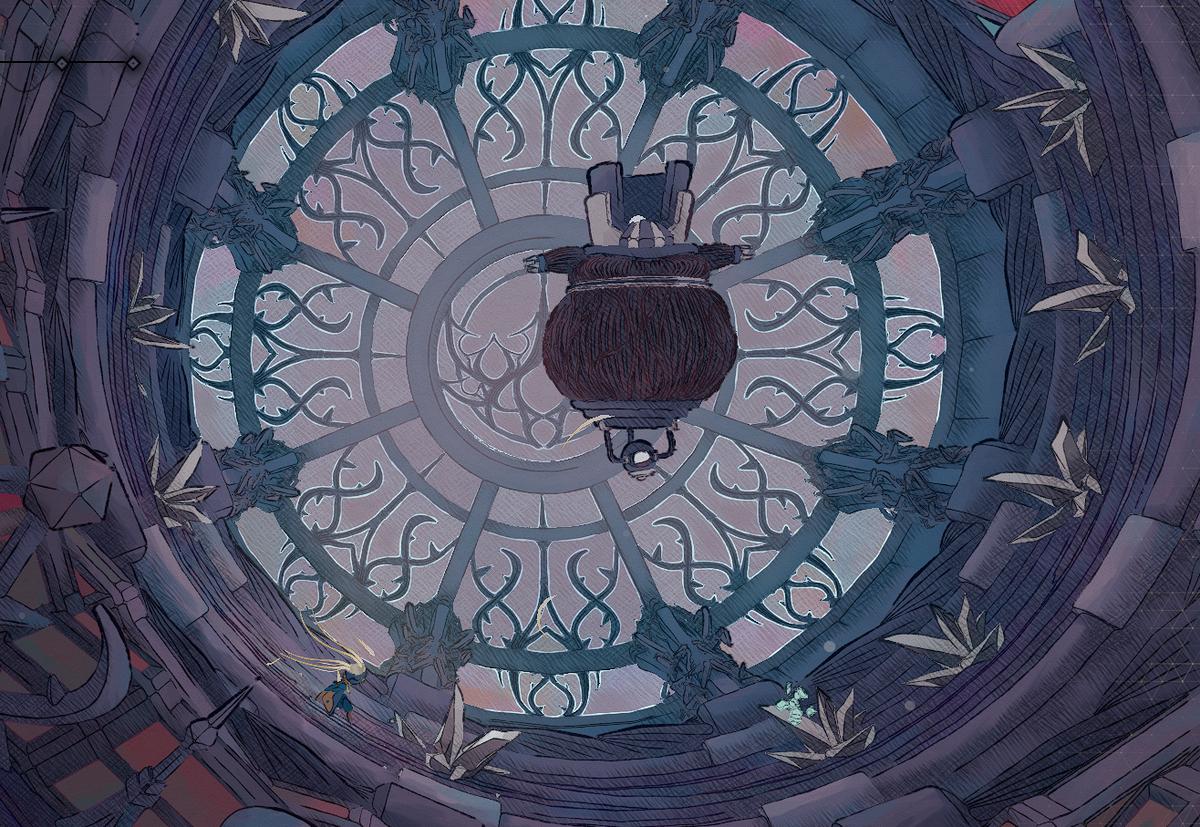 Mio runs on the edge of a grey chamber will a giant rotund man in the middle fires knives at her.