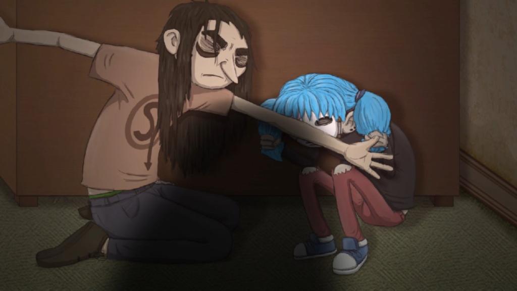 Larry protecting Sally while crouched with silhouette approaching them
