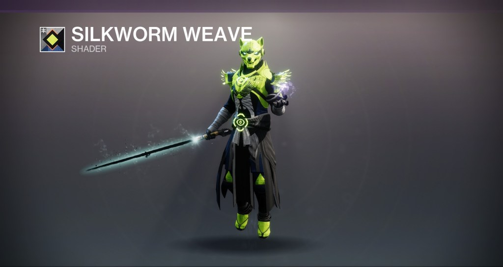 The Silkworm Weave Shader in Destiny 2, with lime green as its main color and a plethora of accents.