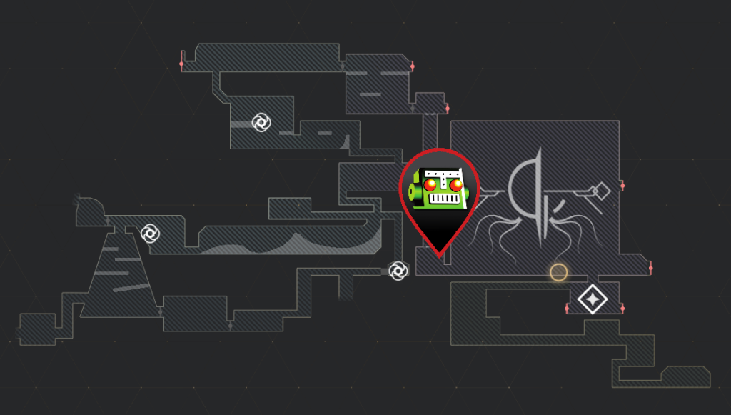 A grey map of Mio: Memories in Orbit showing the location of the Silo Access Badge with a red-lined Destructoid logo