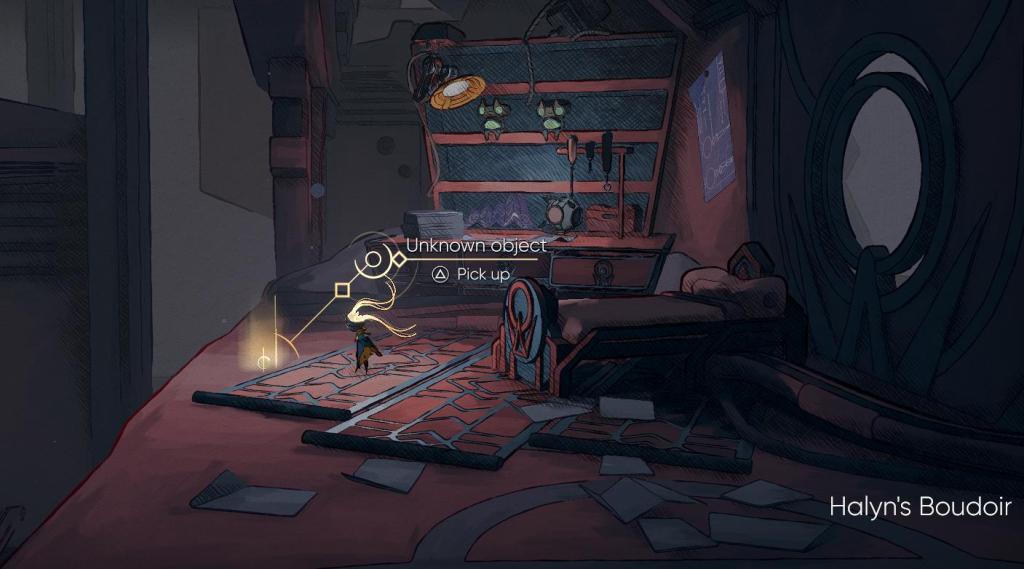 A small robot with long blonde hair looks down at a shining object on the ground surrounded by the metal ruins of a workshop.