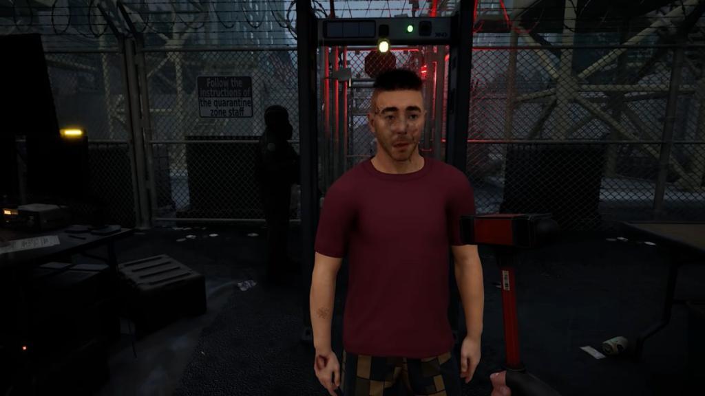Male survivor in red, waiting to test his reflexes with the hammer