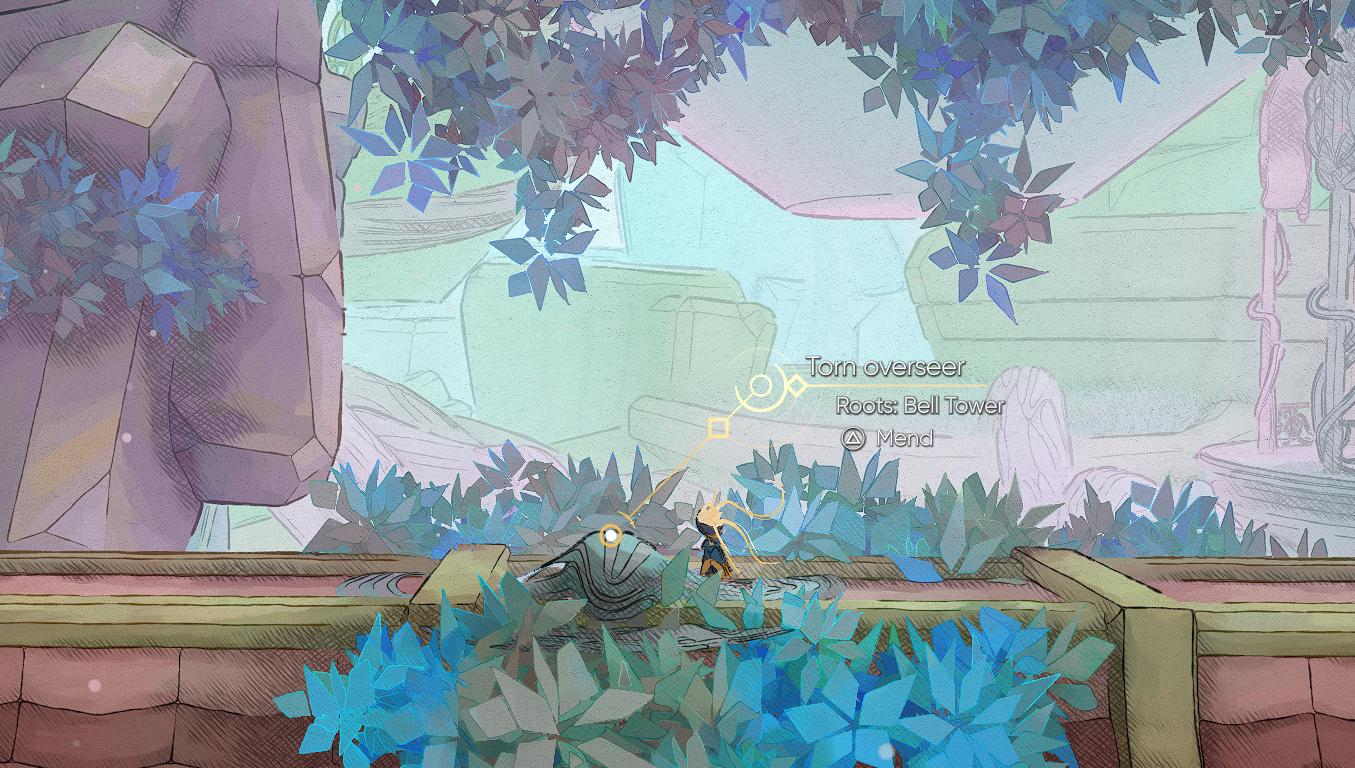 Mio, a small black robot with long yellow hair, stands in front of an overseer, a robed robot.