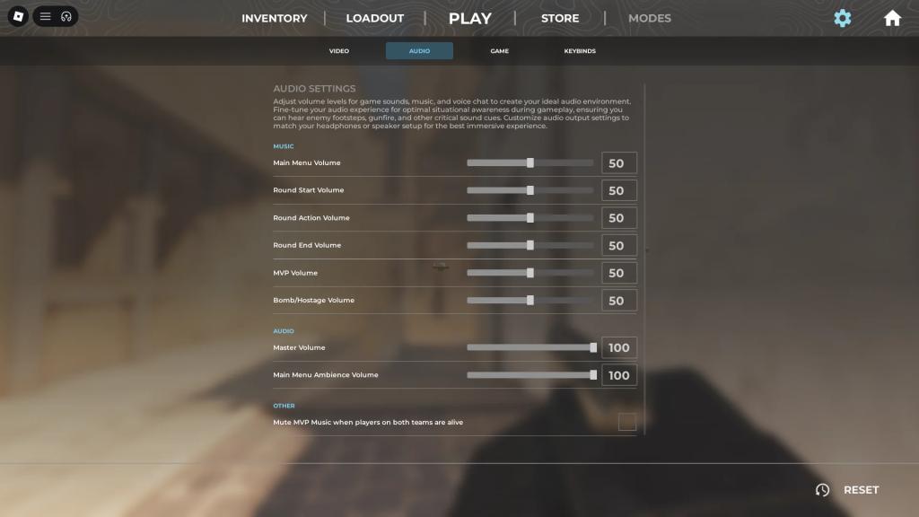 Preview of audio settings in BloxStrike Roblox experience.