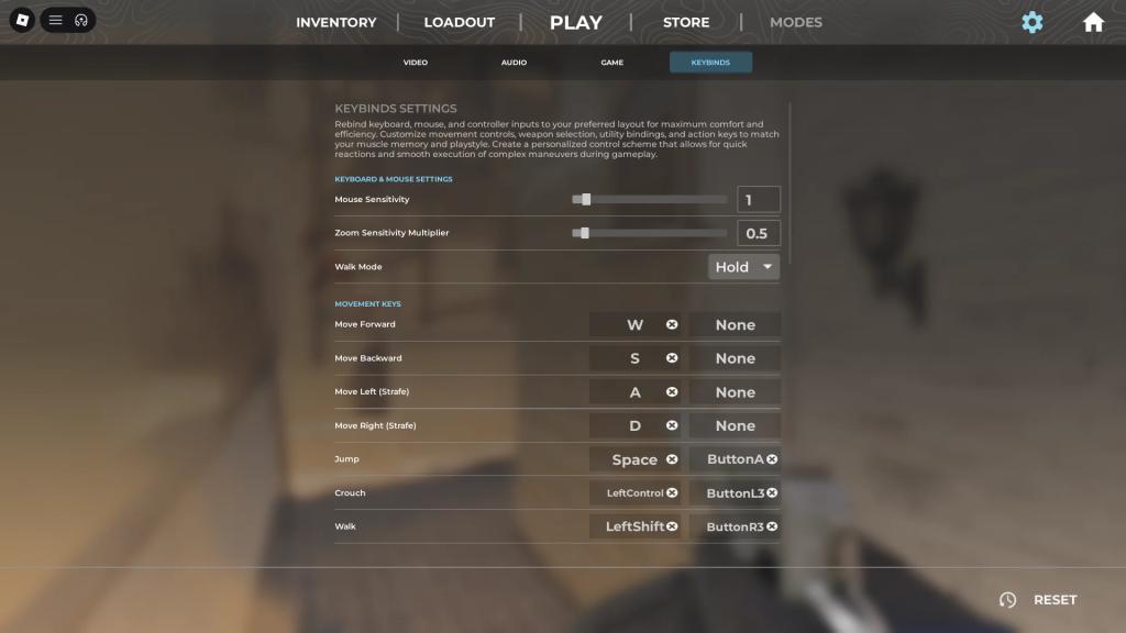 Preview of keybind settings in BloxStrike Roblox experience.