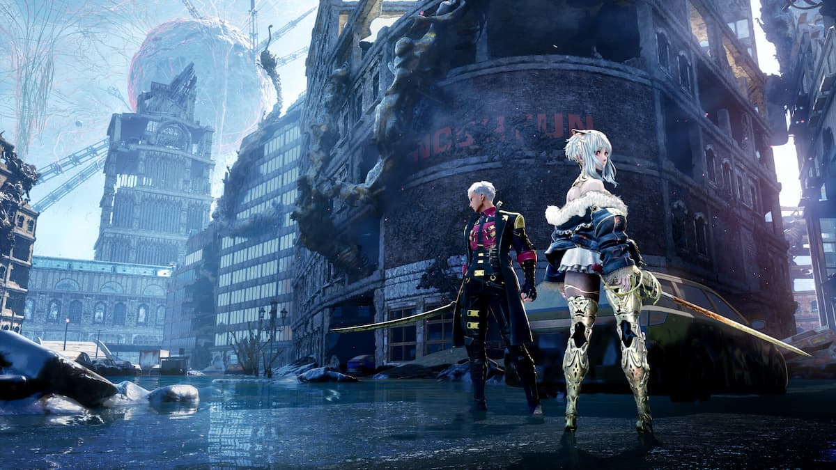 Two characters in a futuristic town in Code vein 2.