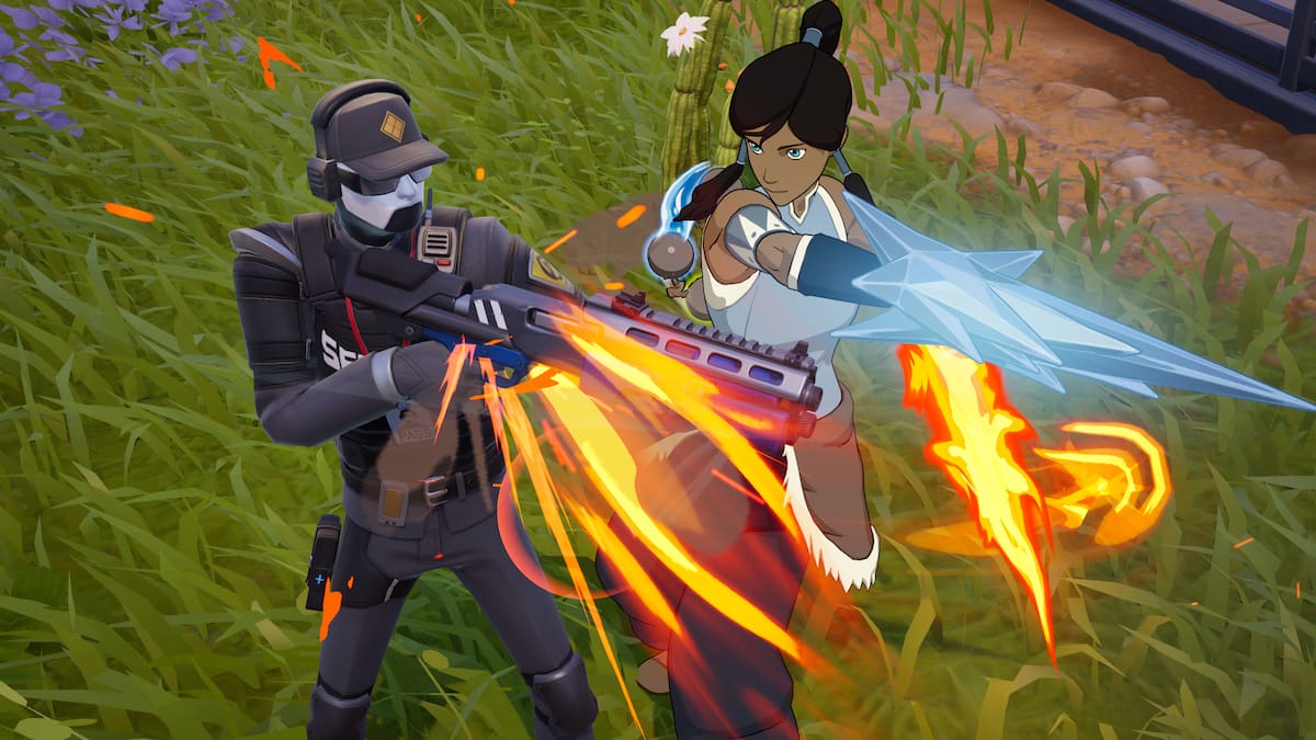 Korra fighting a henchman with fire and ice pickaxe on hands in fortnite