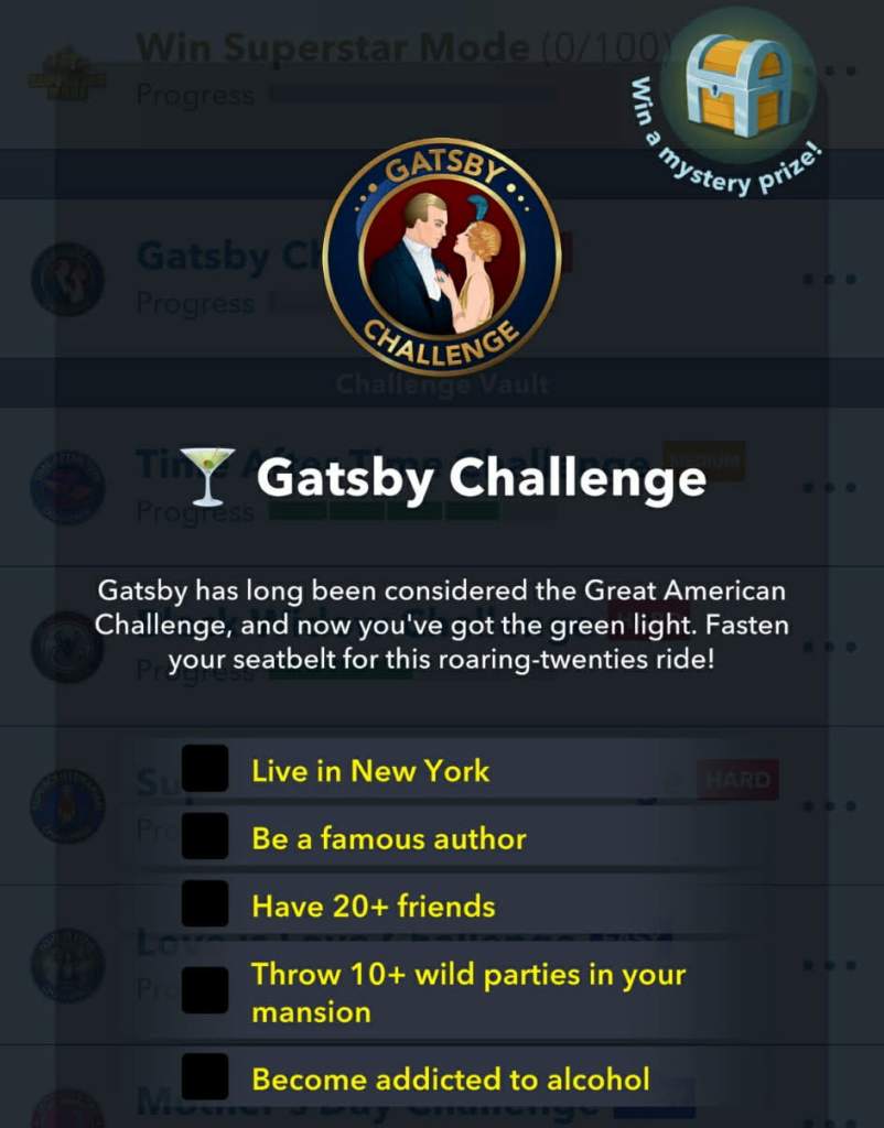 Gatsby challenge checklist in bitlife