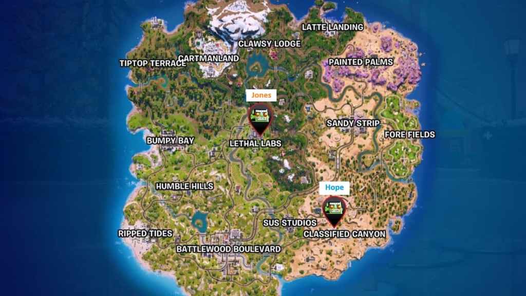 Hope and Jones map locations marked on map in fortnite