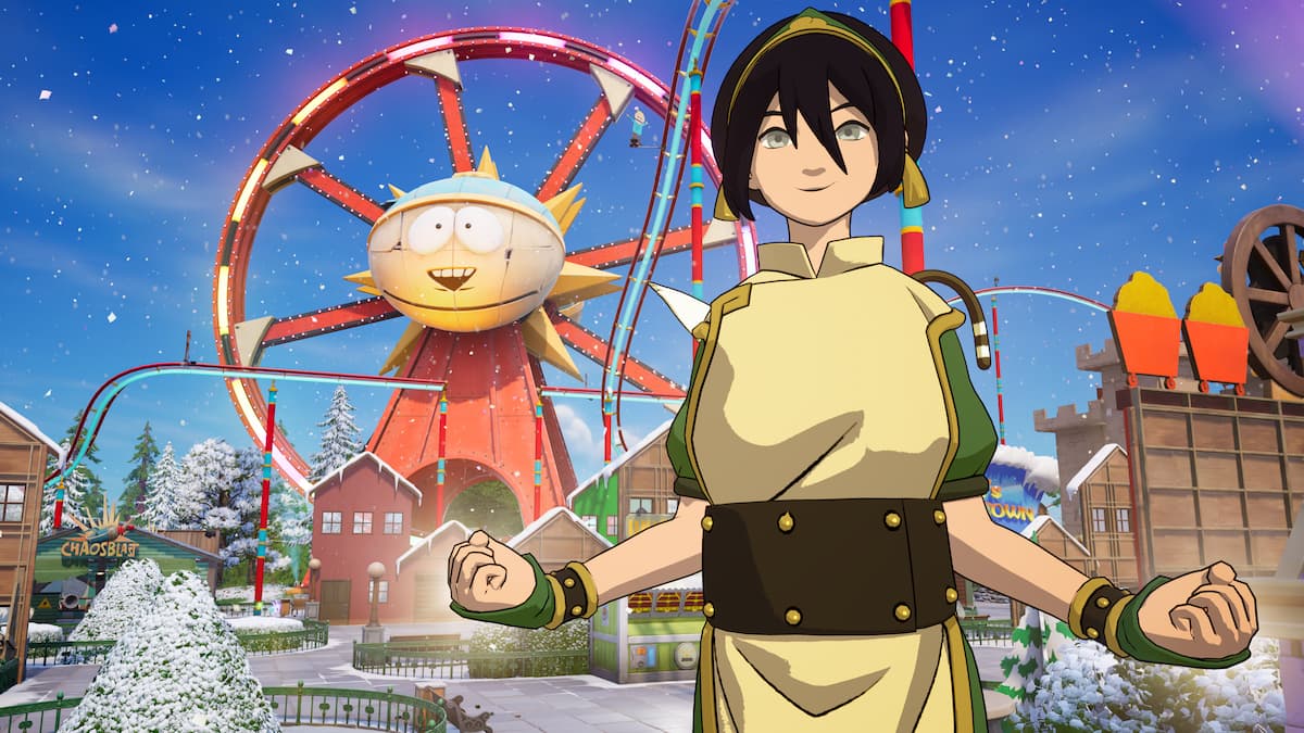Toph posing in front of south park ferris wheel in fortnite