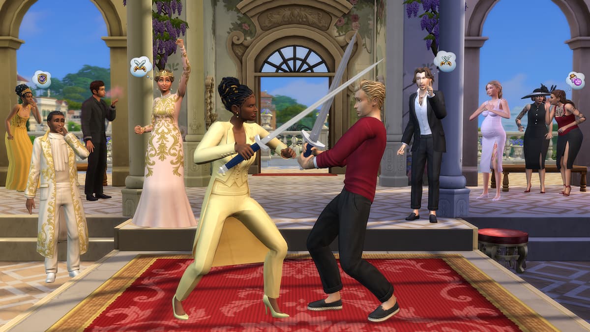 Two sims sword fighting in the sims 4 royalty & legacy