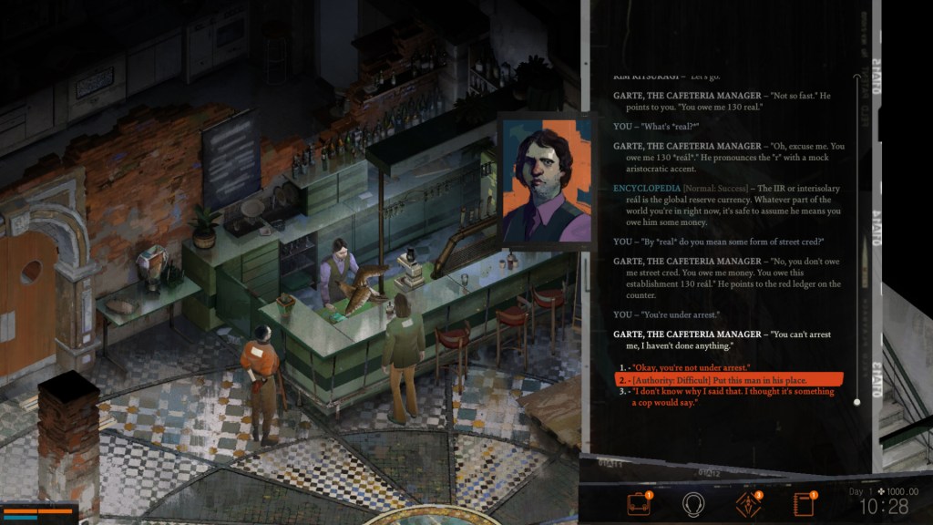 A screenshot of Disco Elysium showing dialogue choices with a character.