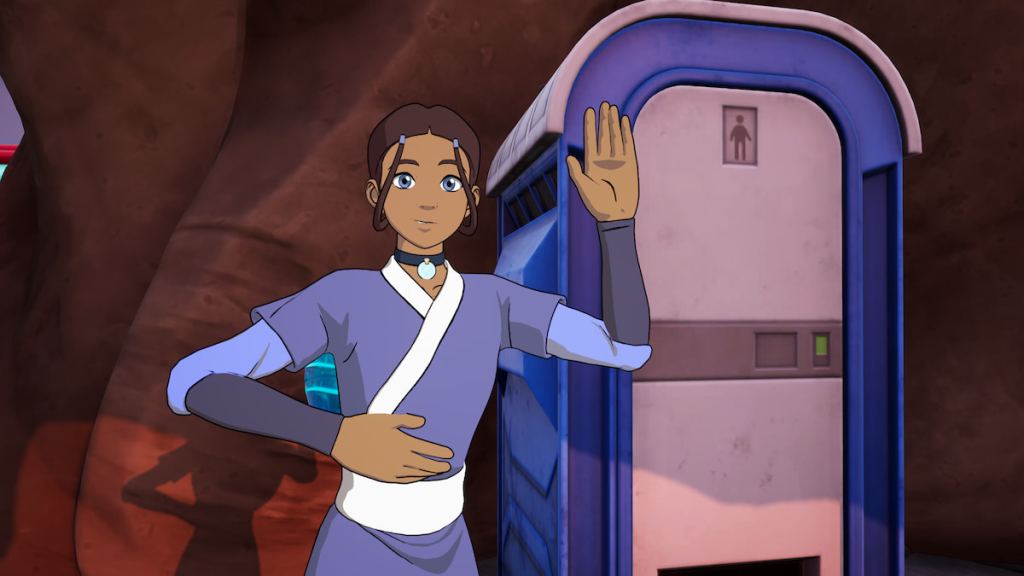 Katara waving while standing next to flusher in fortnite