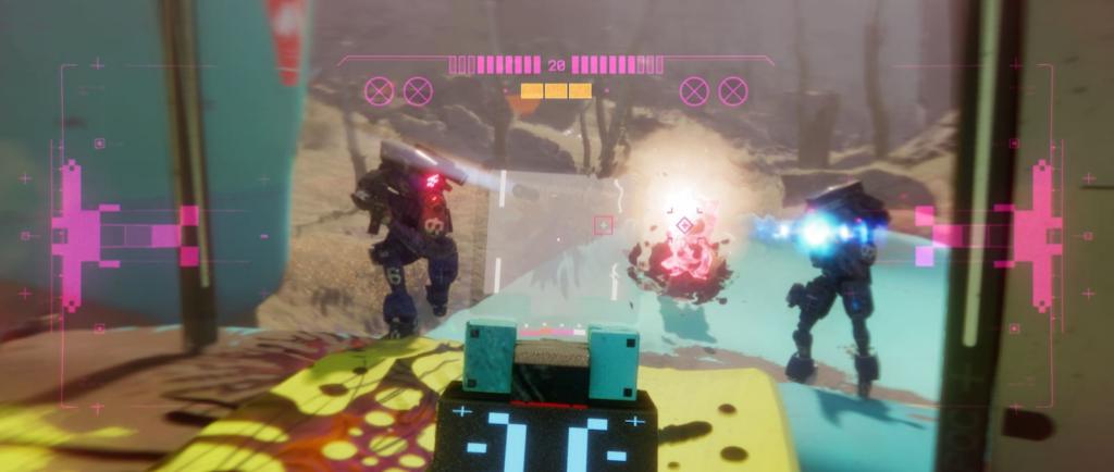 A promo image for Marathon where the player is shooting at two enemies