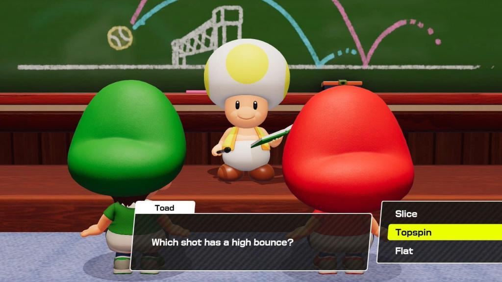 Baby Mario and Baby Luigi face Professor Toad while he asks:  “Which shot has a high bounce?” 