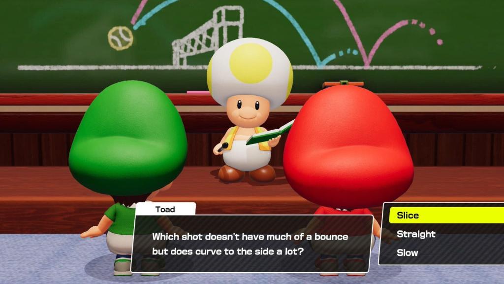 Baby Mario and Baby Luigi face Professor Toad while he asks: “Which shot doesn’t have much of a bounce but does curve to the side a lot?” 