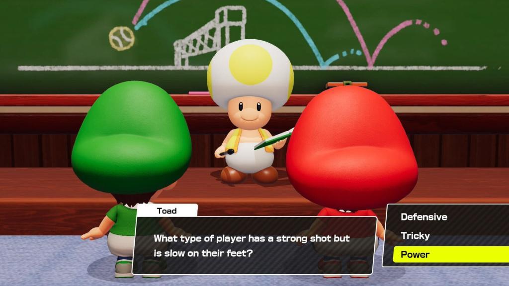 Baby Mario and Luigi stare up at a yellow toad who asks them a question about player types.