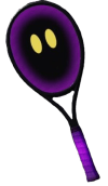 A shadowy tennis racket with two yellow eyes and a purple handle.