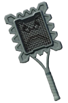 A tennis racket with a grey stoney square and an angry face in the strings.