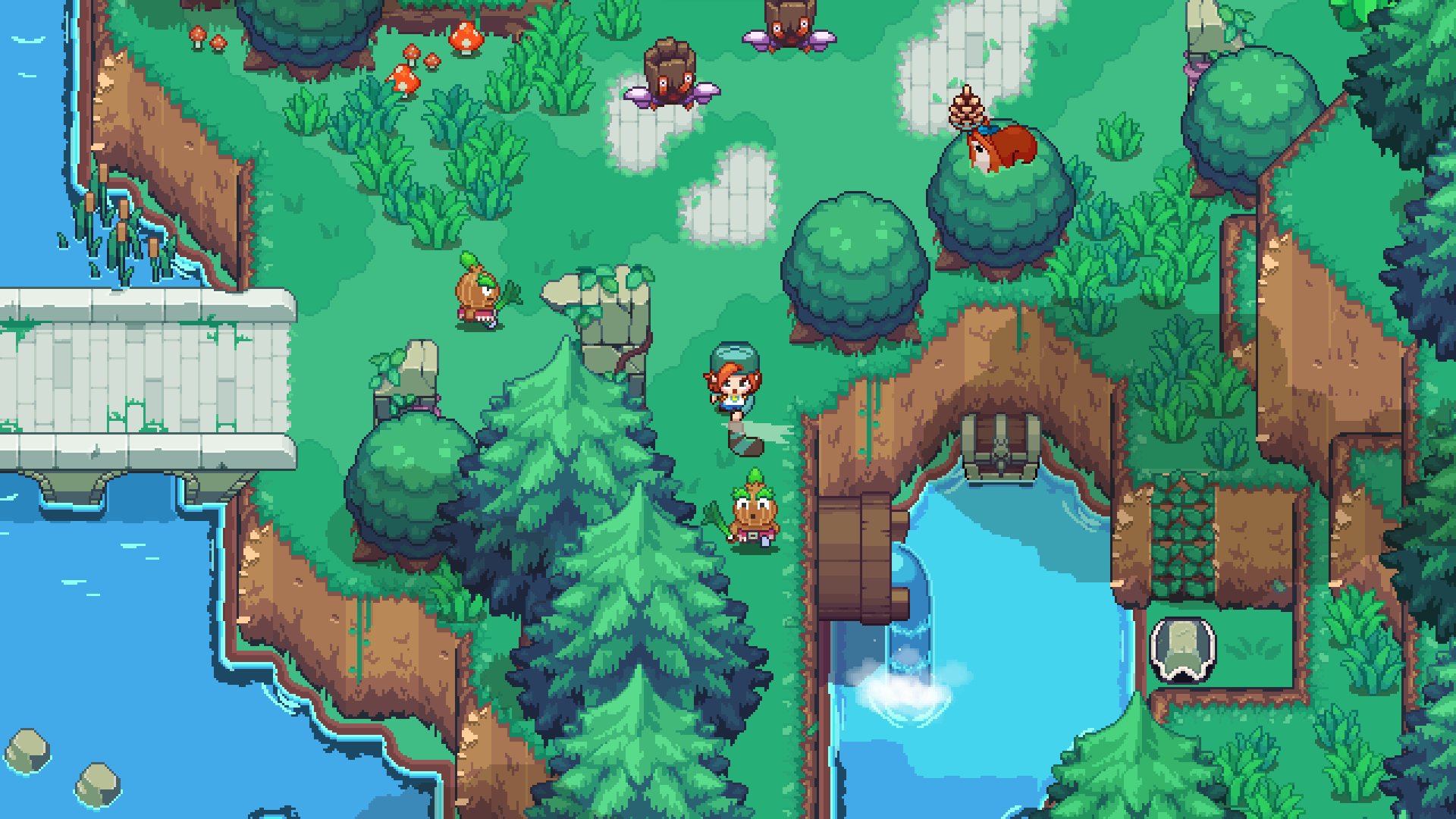 A screenshot from Under the Island showing Nia running, hockey stick out toward a wooden creature.