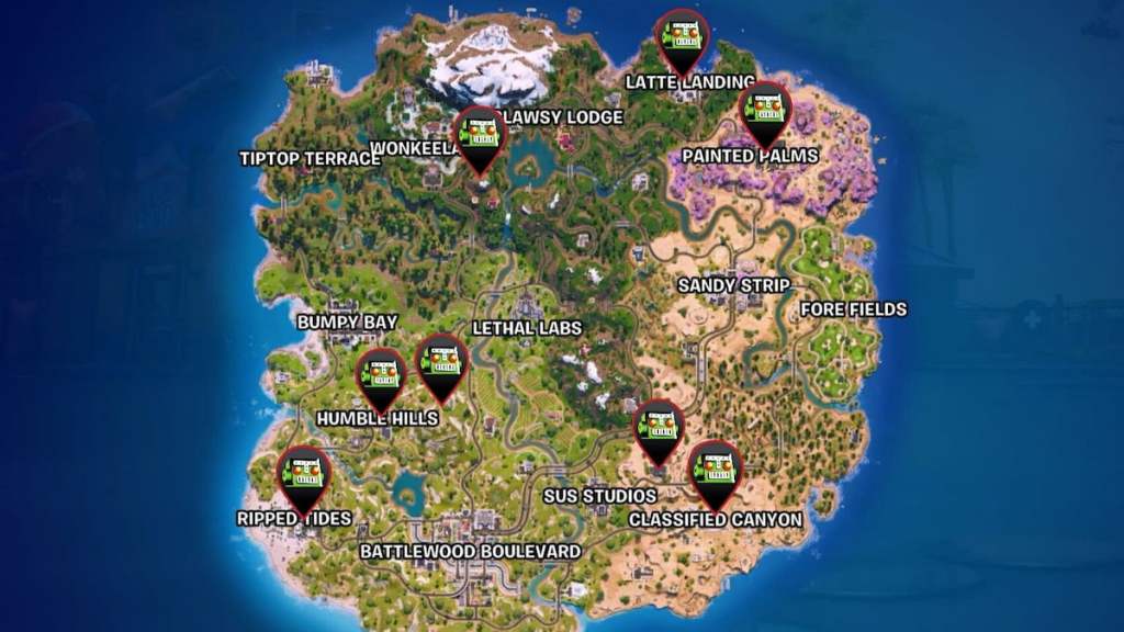 Boss spawn locations marked on fortnite map